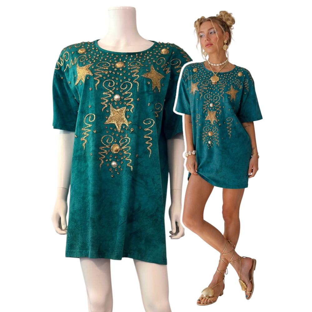Tie Dye T-Shirt Dress Tunic Teal Gold Mermaidcore Vtg Apparel Limited Art Wear